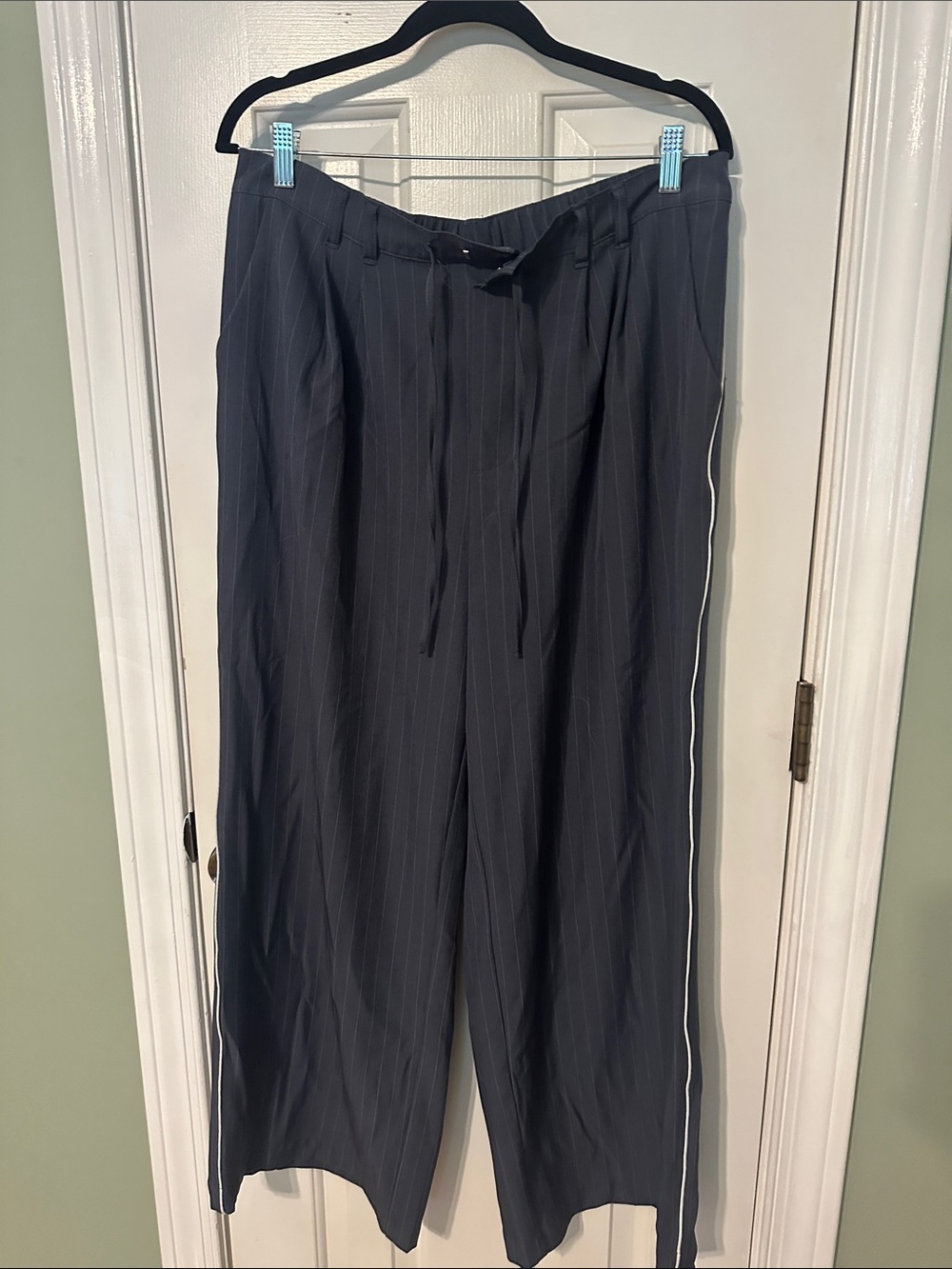 No Boundaries Black Pinstripe Drawstring Pants with White Side Stripe